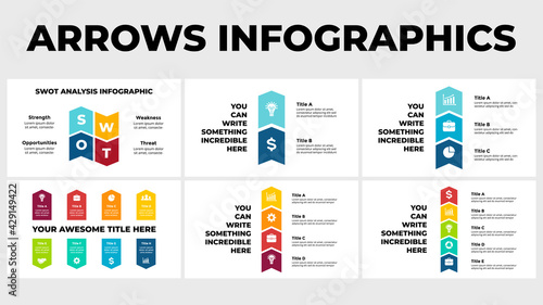 Arrows Vector Infographic. Presentation slide template. Chart diagram. SWOT analysis. Vertical steps concept. 