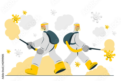 Sanitary Workers In Protective Suits Spreading Chemicals Or Virus Disinfection Concept Vector Illustration