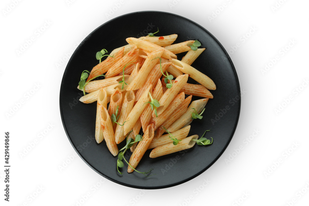 Plate with pasta with tomato sauce isolated on white background Plate with pasta with tomato sauce isolated on white background
