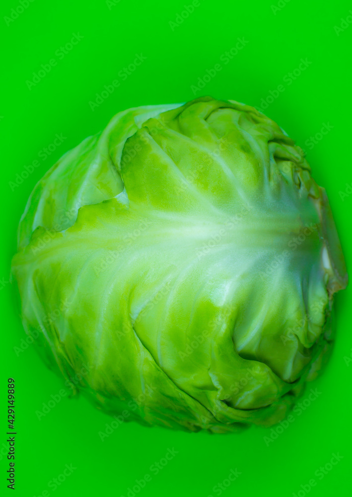 Fototapeta premium Green cabbage on the green background. Close up. Macro photo. Minimalism, original beautiful food photo.