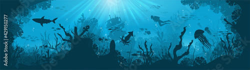 Silhouette of coral reef with fish and scuba diver on a blue sea background. Underwater marine wildlife. Nature vector illustration.