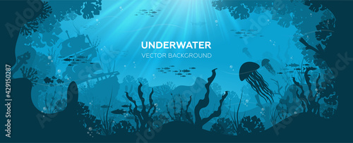 Fototapeta Naklejka Na Ścianę i Meble -  Silhouette of coral reef with fish and scuba diver on a blue sea background. Underwater marine wildlife. Nature vector illustration.
