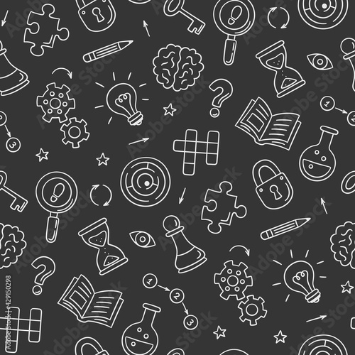 Puzzle and riddles. Hand drawn seamless pattern with crossword puzzle, maze, brain, chess piece, light bulb, labyrinth, gear, lock and key. Vector illustration in doodle style on chalkboard background