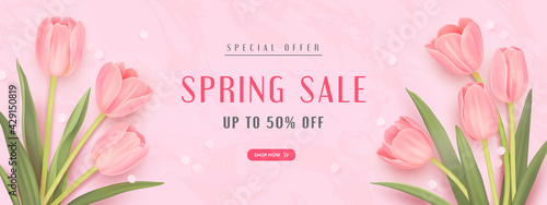 Spring special offer vector banner background with spring season sale text and tulip flowes. Can be used for web banners, wallpaper, flyers. Vector illustration #429150819