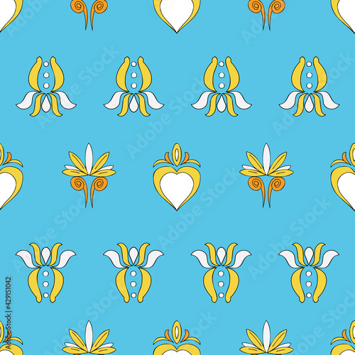 Vector bright blue background Brittany celtic, Breton trational folklore symbols seamless pattern. Seamless pattern background