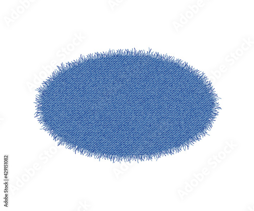 Denim ellipse shape. Torn jean patch. Vector realistic illustration on white background.