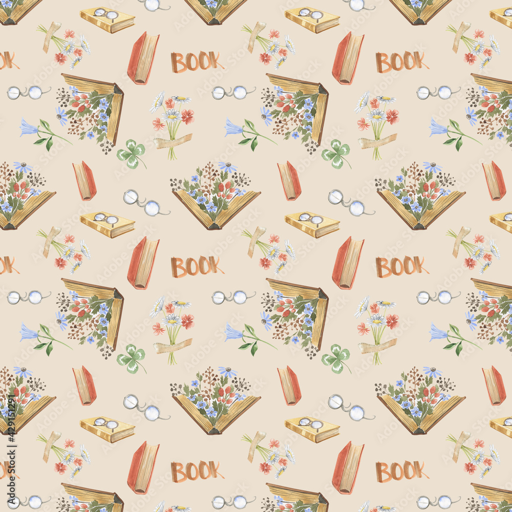 seamless pattern with illustration of a stack of books with plants, leaves and book lettering seamless pattern with illustration of a stack of books with plants, leaves and book lettering