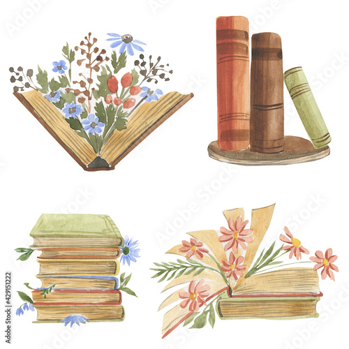 Pictures of a book with open pages and flowers