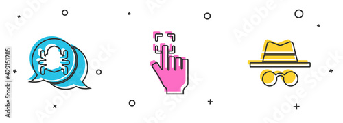 Set System bug, Fingerprint and Incognito mode icon. Vector