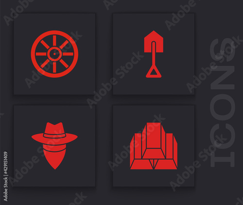 Set Gold bars, Old wooden wheel, Shovel and Cowboy icon. Vector