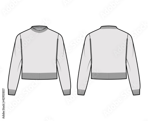 Fisherman cropped Sweater technical fashion illustration with rib crewneck, long sleeves, relax, waist length, knit trim. Flat jumper apparel front, back, grey color style. Women men unisex CAD mockup