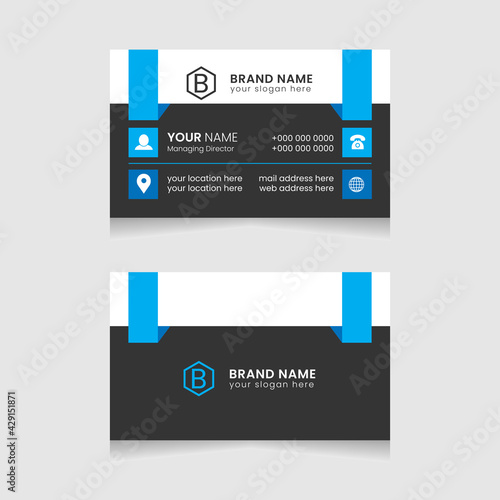 Creative and modern business card design. Flat black and blue business card template. Vector modern abstract clean and simple business card template, Stylish stationery design, and visiting card.