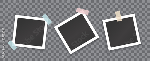 Collage of blank photographs with stickers isolated on transparent background. Vector mockup of white square photoframes glued with colored scotch tape