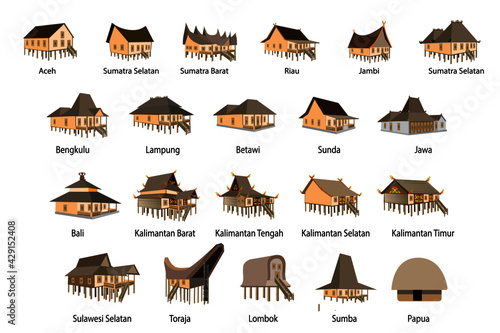 set of icons of traditional houses from Indonesia, rumah adat daerah