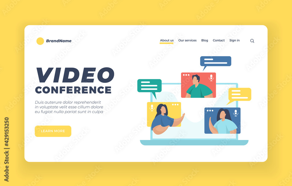 Video conferencing landing page website banner template. Flat vector illustration. Team working by group video call. Remote working. Online meetup. Social networking
