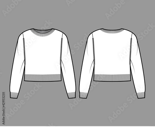 Crew neck cropped Sweater technical fashion illustration with long sleeves, relax fit, waist length, knit rib trim. Flat jumper apparel front, back, white color style. Women, men unisex CAD mockup