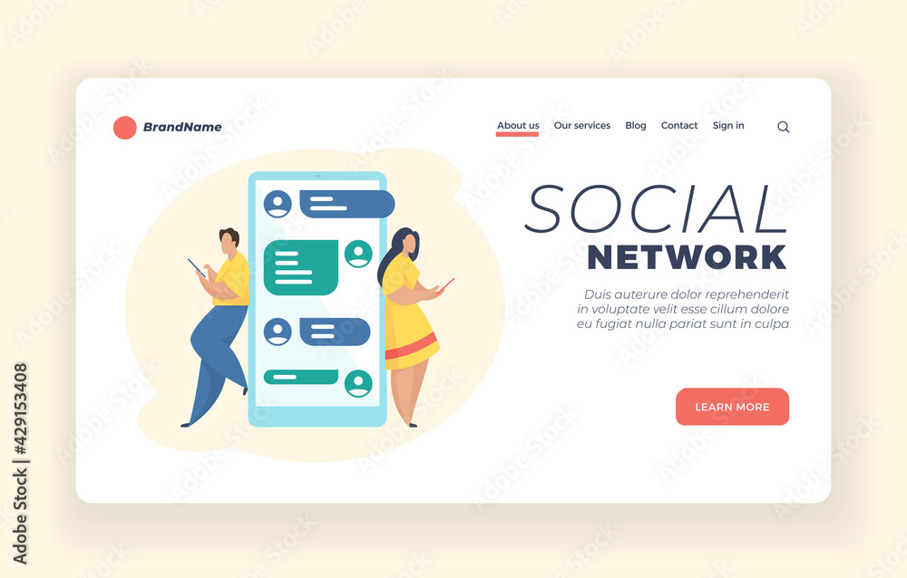 Social network messaging service landing page website banner template. Male and female cartoon characters communicate with each other using mobile online messaging application flat vector illustration
