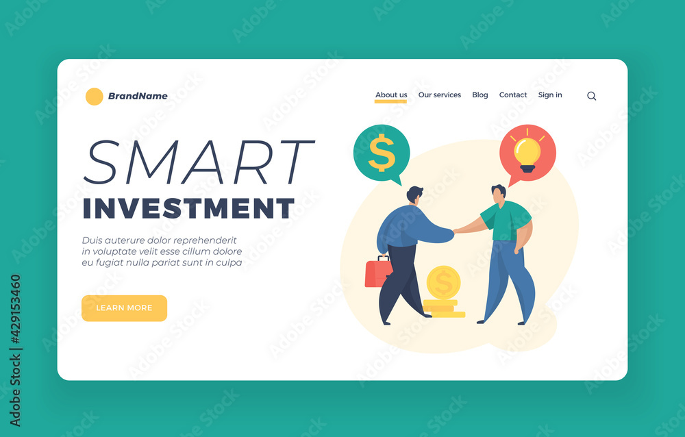 Smart investment landing page website banner template. Investing money in startup. Male cartoon character sponsor investing money in startup. Financial support, funding. Flat vector illustration