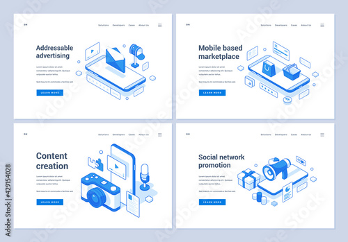 Set of blue and white vector illustrations of banners representing various modern services performing advertisement campaign for content and goods. 3D isometric web banners, landing page templates