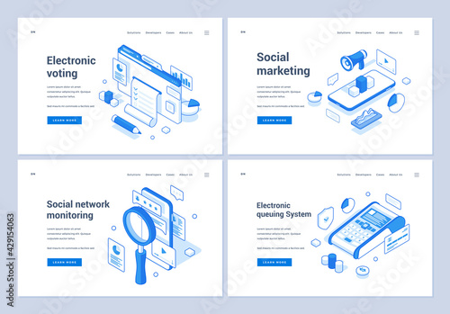 Set of blue and white vector illustrations of banners advertising various online electronic services for convenient life in modern world. 3D isometric web banners, landing page templates