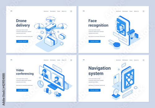 Set of blue and white vector illustrations of banners advertising various electronic services and applications for remote communication and logistic. 3D isometric web banners, landing page templates