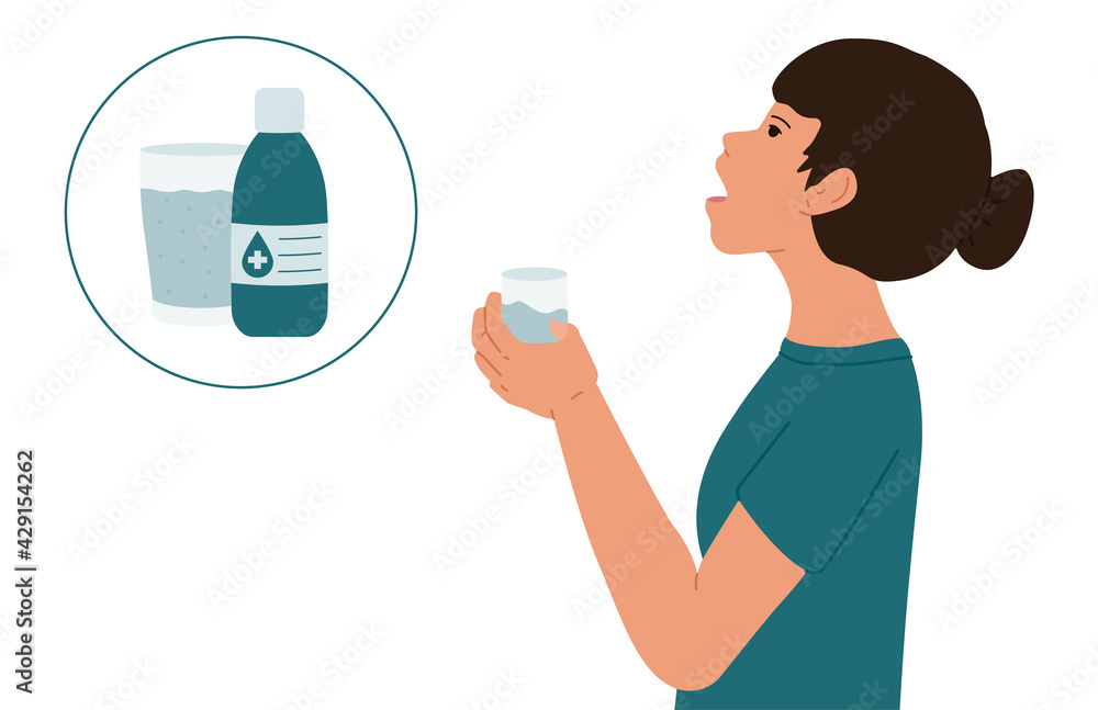 The girl rinses her mouth with an antibacterial mouthwash. Medical vector illustration. The girl rinses her mouth with an antibacterial mouthwash. Medical vector illustration.