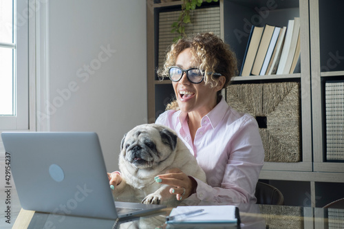 People working at home with internet connection and laptop computer - funny scene with cheerful female people in video call conference and playful cute pug dog friend together - smart working