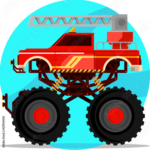 Fire Fighter Monster Truck with Ladder Flat Cartoon