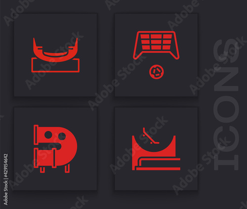 Set Skate park, Boat swing, Soccer goal with ball and Kid playground slide pipe icon. Vector
