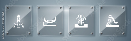 Set Kid slide, Ferris wheel, Boat swing and Rocket ship. Square glass panels. Vector