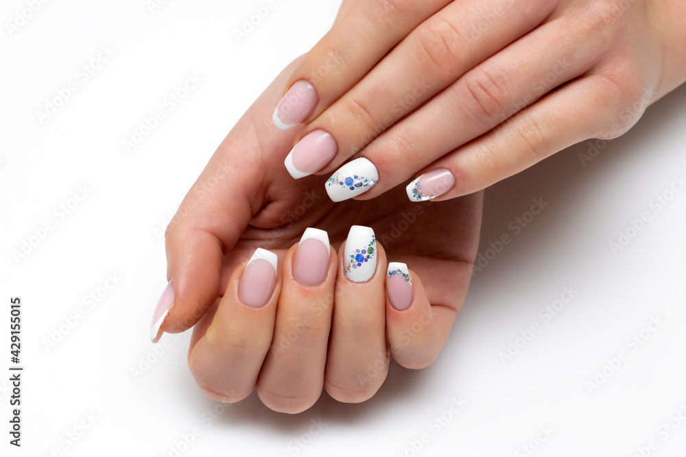 Gel nail design, classic manicure on the form of a bolero with a white track of crystals on long nails. White jacket. Wedding design. Gel nail design, classic manicure on the form of a bolero with a white track of crystals on long nails. White jacket. Wedding design.