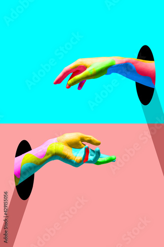 Contemporary art collage, modern design. Party mood. Bright colored hands catching each other.