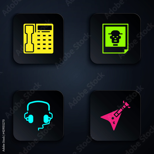 Set Electric bass guitar, Telephone handset, Headphones and Photo. Black square button. Vector