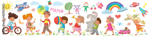 Vector set with little children. Preschool education.