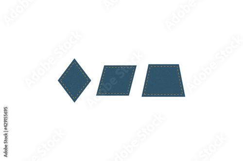 Set of blue denim patches rhombus parallelogram trapezoid. Different shapes with place for your text isolated.