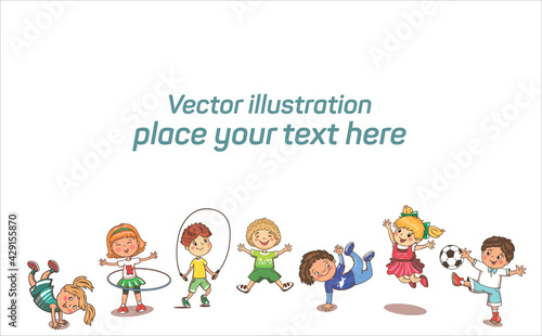 Vector set with little children. Preschool education. Sport jumping kids.