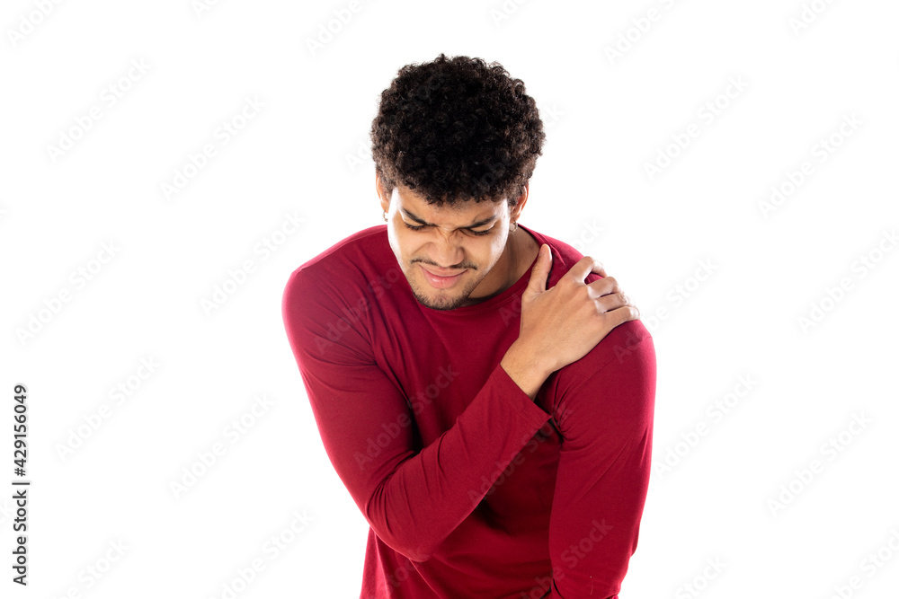 Cute african american man with afro hairstyle wearing a burgundy T-shirt Cute african american man with afro hairstyle wearing a burgundy T-shirt
