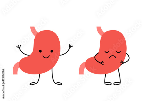 Stomach organ happy healthy face and sad suffering sick characters. Check health of stomach. Unhealthy sad gastric, pain, disease, cancer concept. Vector flat illustration