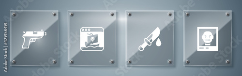 Set Wanted poster, Bloody knife, Internet piracy and Pistol or gun. Square glass panels. Vector
