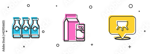 Set Bottle with milk, Paper package for kefir and Udder icon. Vector