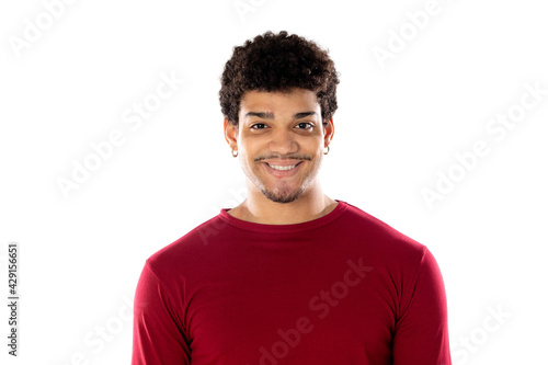 Cute african american man with afro hairstyle wearing a burgundy T-shirt