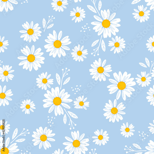 Fototapeta Naklejka Na Ścianę i Meble -  Seamless pattern with daisy flower on blue background vector illustration. Cute floral print.