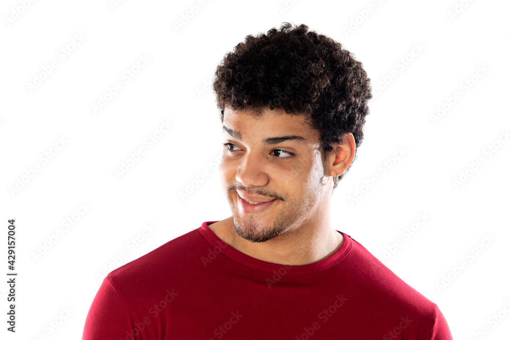 Cute african american man with afro hairstyle wearing a burgundy T-shirt Cute african american man with afro hairstyle wearing a burgundy T-shirt