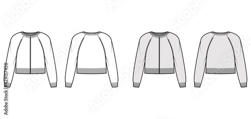 Zip-up cropped cardigan Sweater technical fashion illustration with rib crew neck, long raglan sleeves, knit trim. Flat jumper apparel front, back, white grey color style. Women men unisex CAD mockup