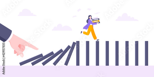 Domino effect or business cowardice metaphor vector illustration concept. Adult young businesswoman run away from hand falling domino line business concept problem solving and danger chain reaction.