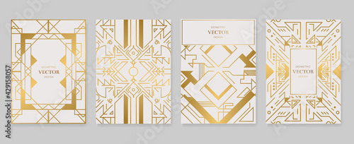 Gold and Luxury Invitation card design vector. Abstract geometry frame and Art deco pattern background. Use for wedding invitation, cover, VIP card, print, poster and wallpaper. Vector illustration.
