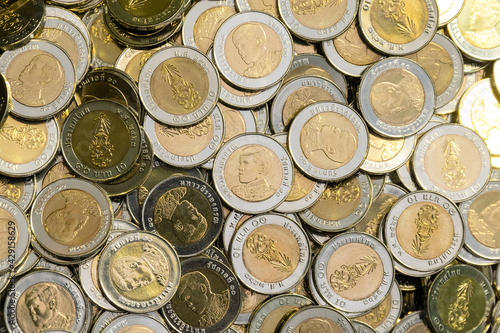 Stack of ten Thai baht coins, money, financial, business concept