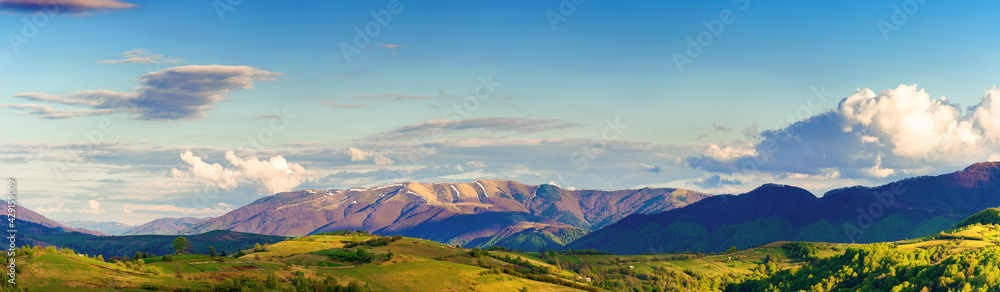 mountainous rural panorama landscape in springtime. beautiful scenery beneath a sky with clouds. grass covered hill rolling in to the distant ridge