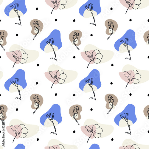 Floral seamless pattern. Vector pattern with dots, hand drown flowers. 