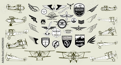 Monochrome Mega Set of retro airplanes, emblems, design elements , badges and logo patches on the theme aviation.
